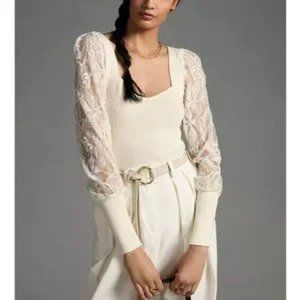 Anthropologie Lace-Sleeve Sweater Blouse Ivory Cream White Medium